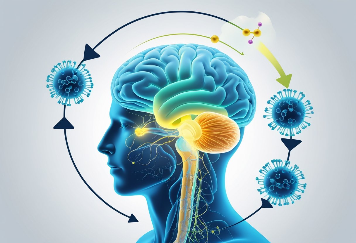 Illustration of a human body showing the brain, pituitary gland, and adrenal glands connected by arrows to represent cortisol regulation.