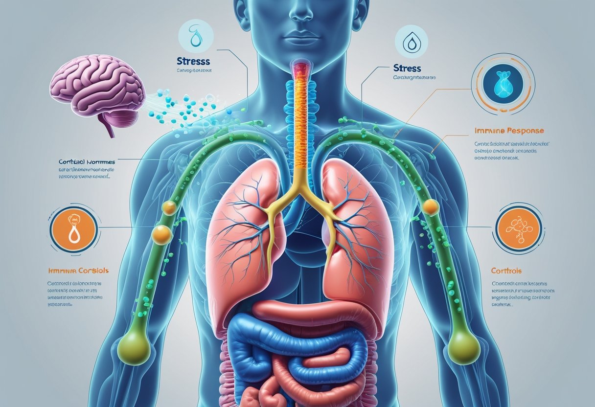 Illustration of a human figure showing internal organs with highlighted adrenal glands releasing hormones, depicting cortisol's effects on the brain, heart, muscles, and metabolism.