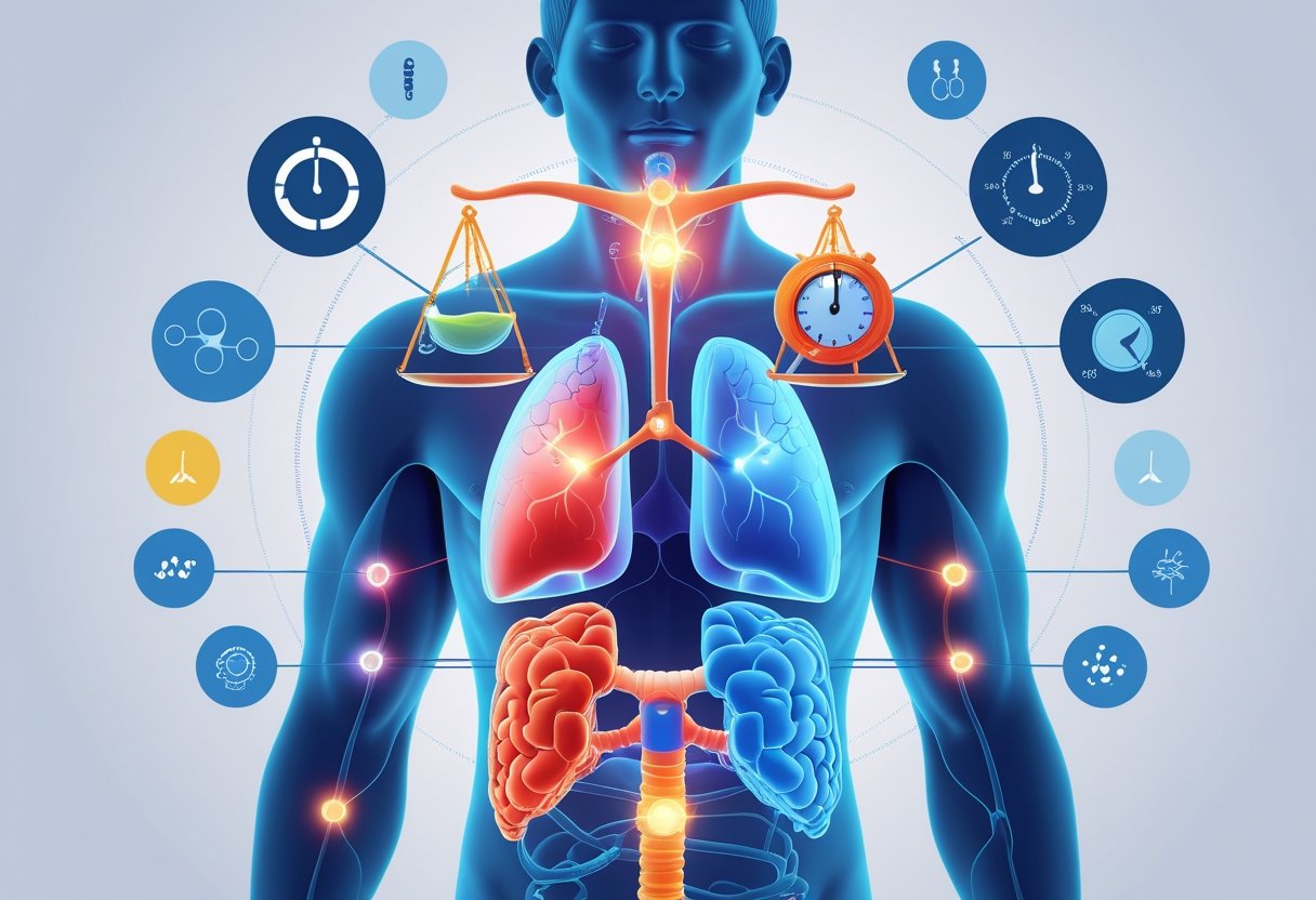 Illustration of the human endocrine system focusing on adrenal glands and cortisol regulation, showing connections to the brain and symbols representing stress and metabolic conditions.