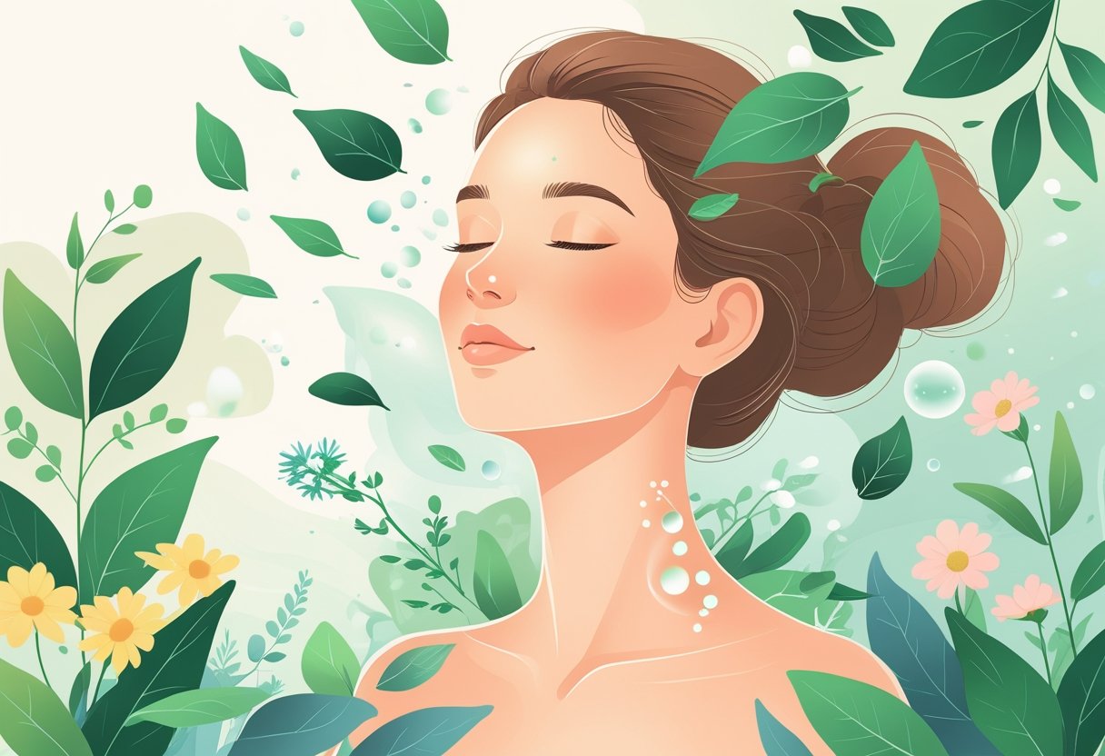 A healthy woman surrounded by green leaves and flowers with abstract shapes symbolizing hormones dissolving around her.