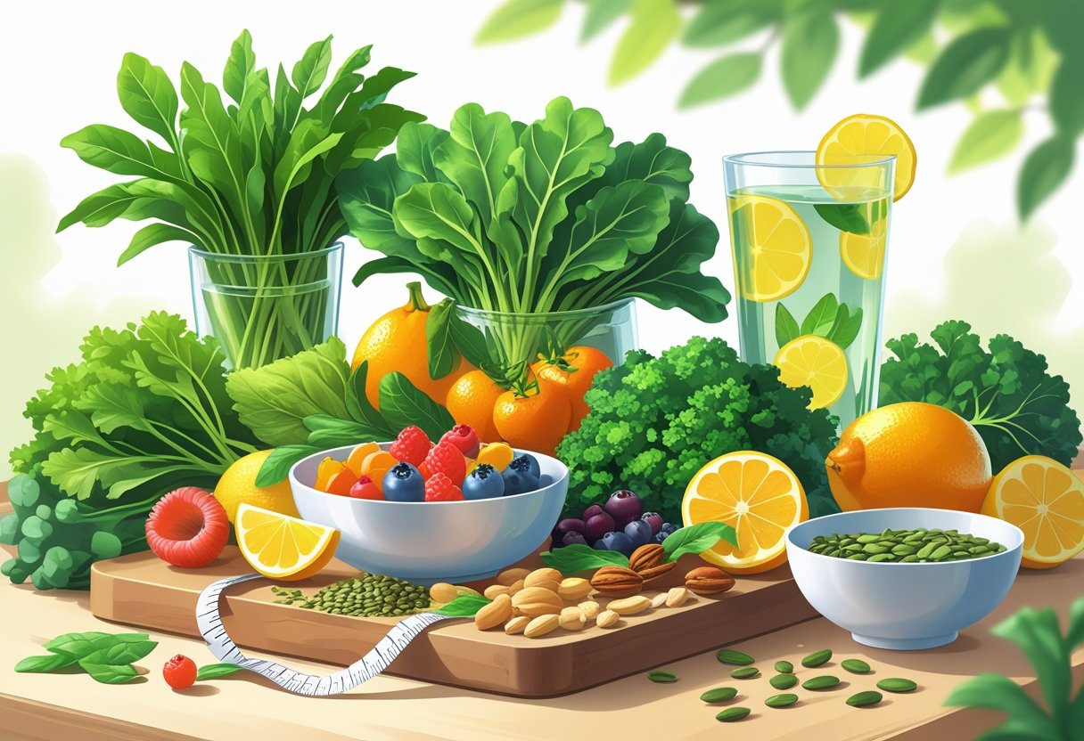 A variety of fresh vegetables, fruits, nuts, and a glass of lemon water arranged on a wooden surface, symbolizing healthy foods for hormone detox.