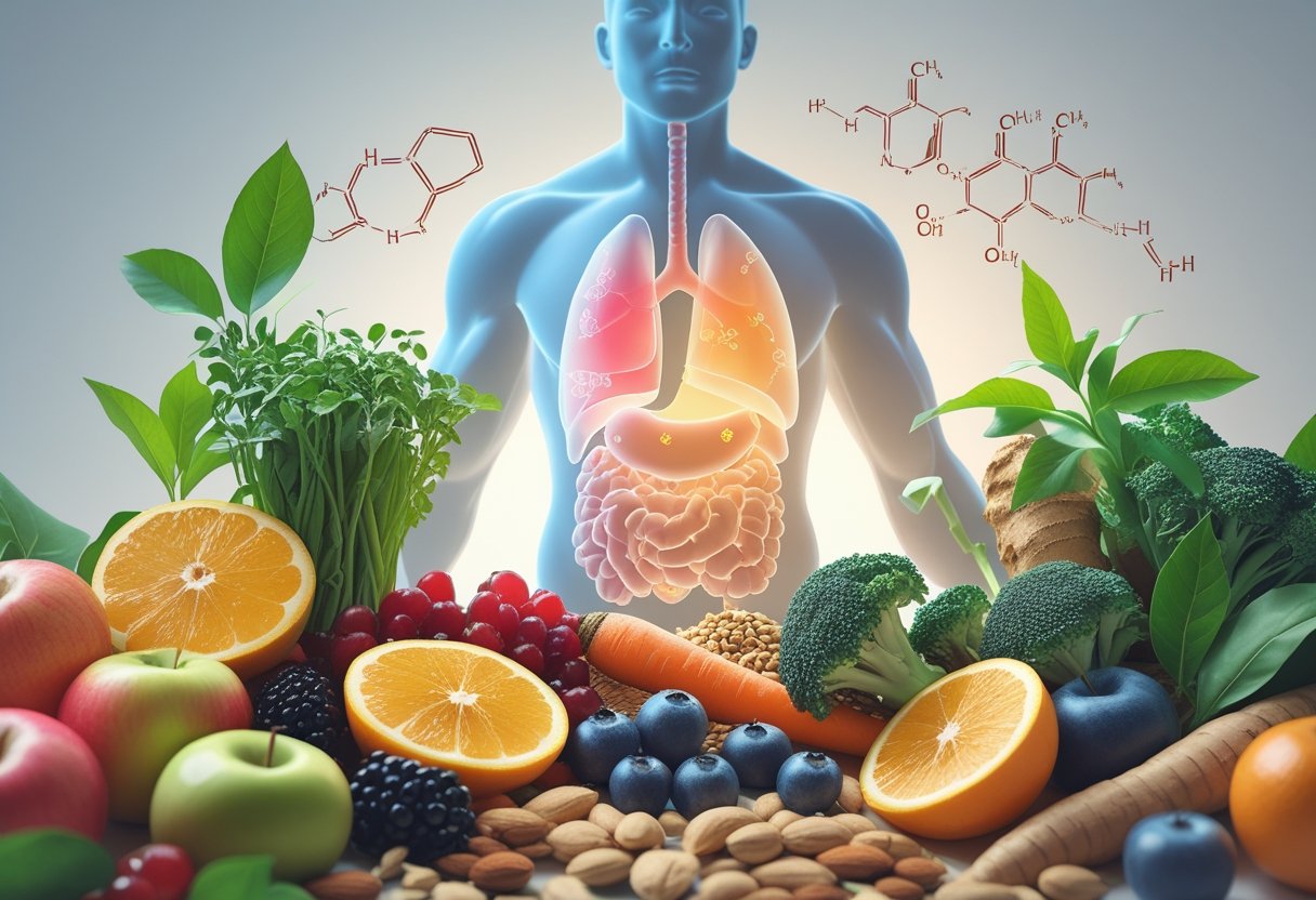 An arrangement of fresh fruits, vegetables, nuts, seeds, and herbs surrounding a transparent human figure highlighting the liver and hormone-related glands.