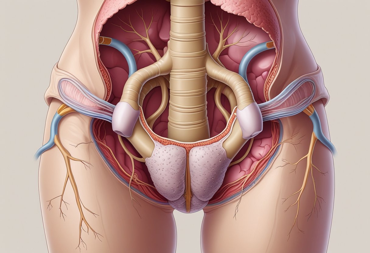 An anatomical illustration of the female reproductive system showing patches of tissue outside the uterus representing endometriosis.