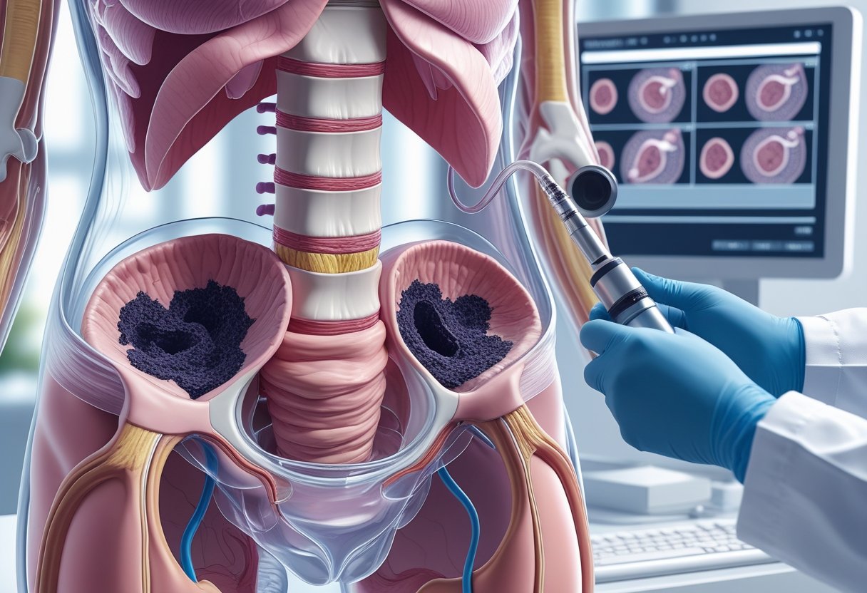 A medical illustration showing a female pelvis with endometriosis lesions and a doctor using a laparoscope to examine them.