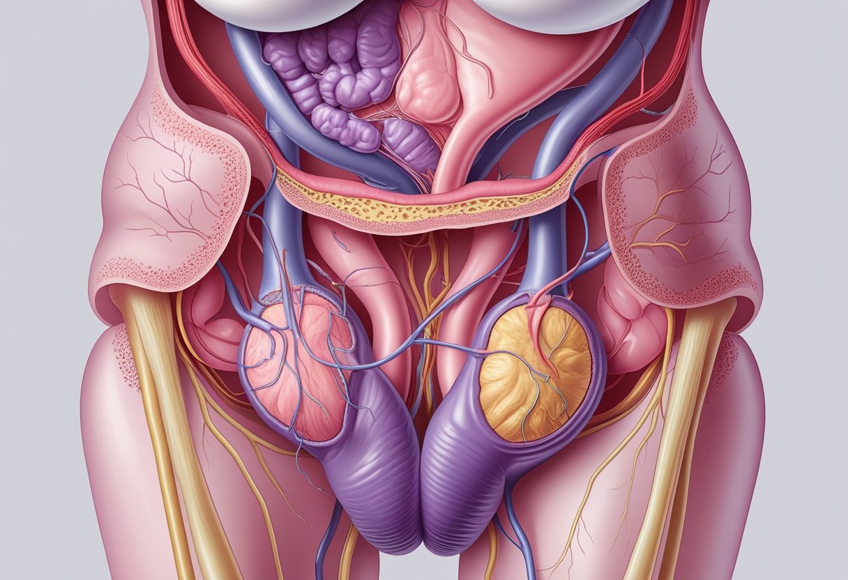 A detailed illustration of the female reproductive system showing endometrial tissue growing outside the uterus with signs of inflammation, adhesions, and cysts.