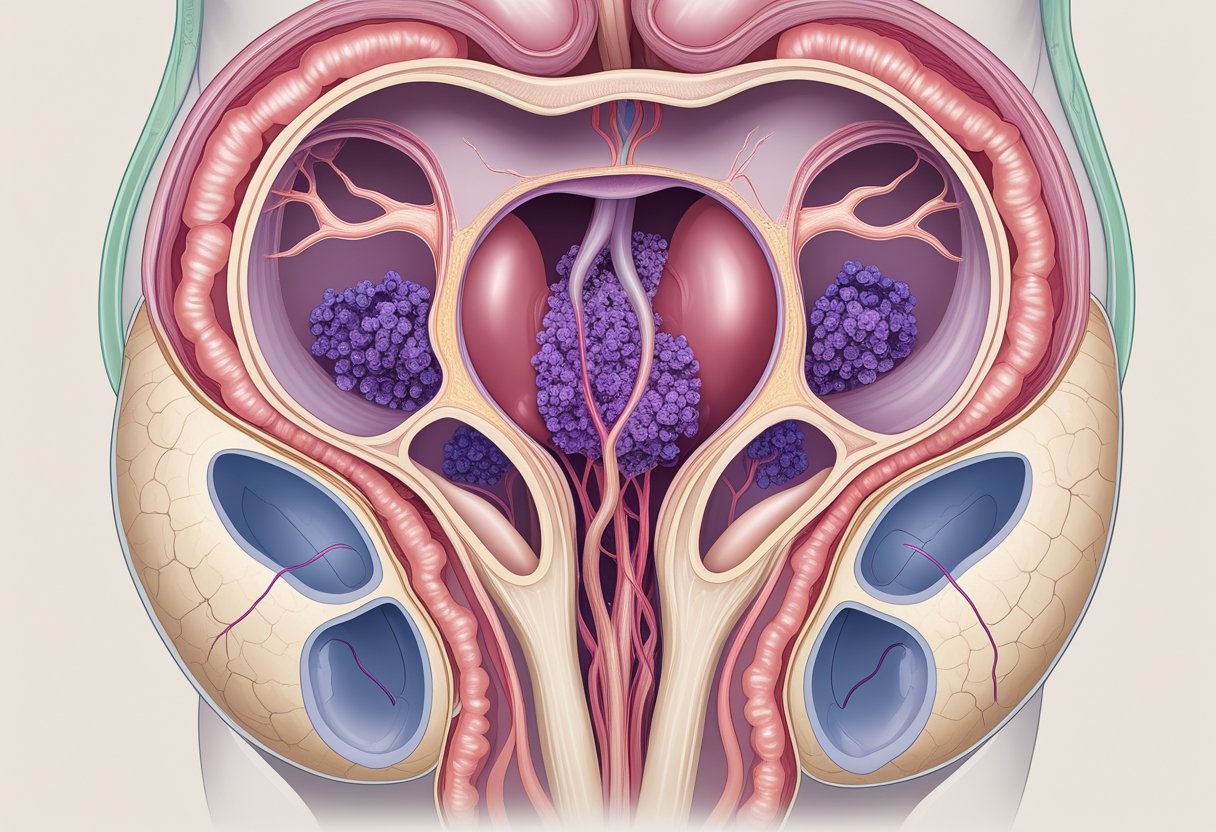 A detailed illustration of the female reproductive system highlighting the uterus with areas affected by cancer.