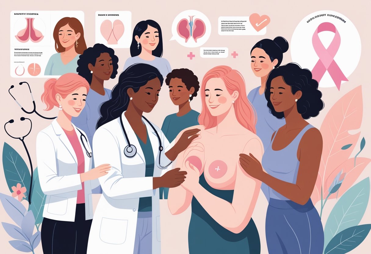 A diverse group of women and a medical professional in a clinical setting focusing on breast health, with anatomical diagrams and symbols of wellness in the background.