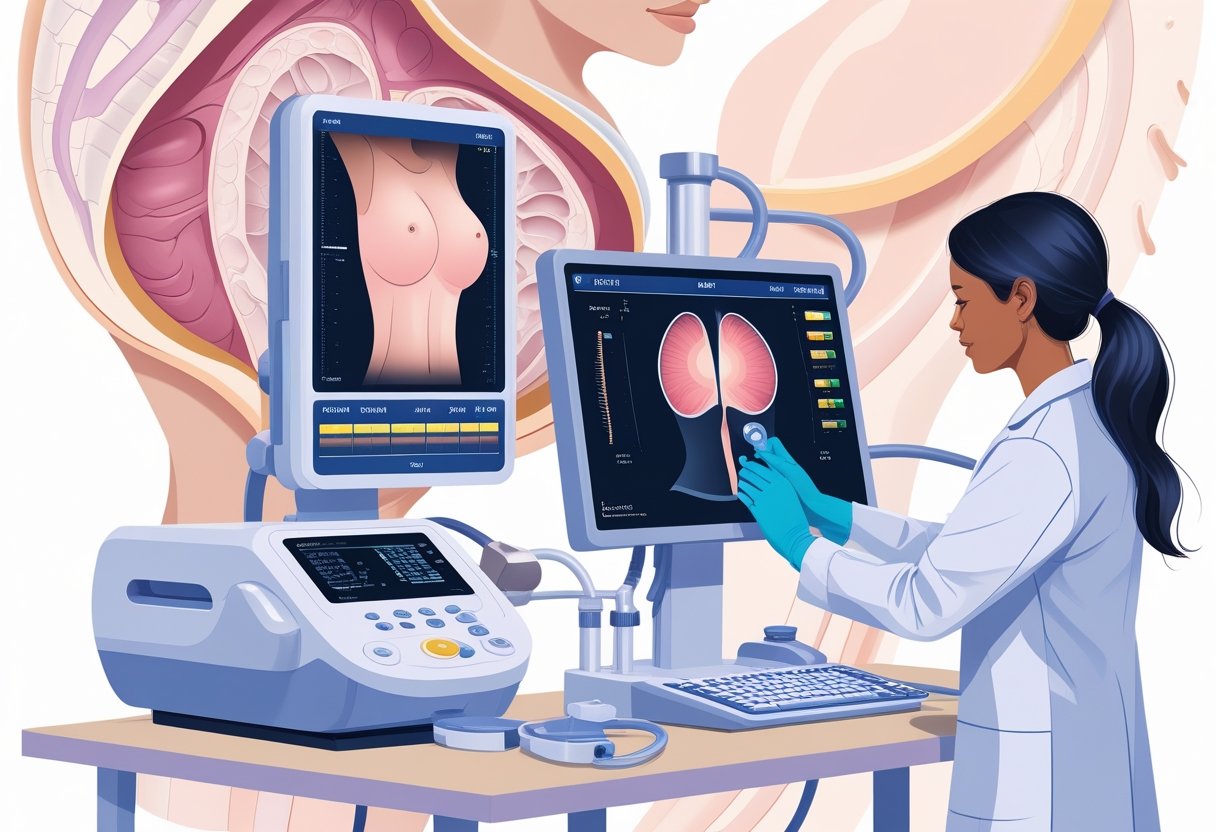 A medical scene showing a healthcare professional performing a breast examination with diagnostic tools including a mammography machine and an ultrasound device displaying a breast scan.