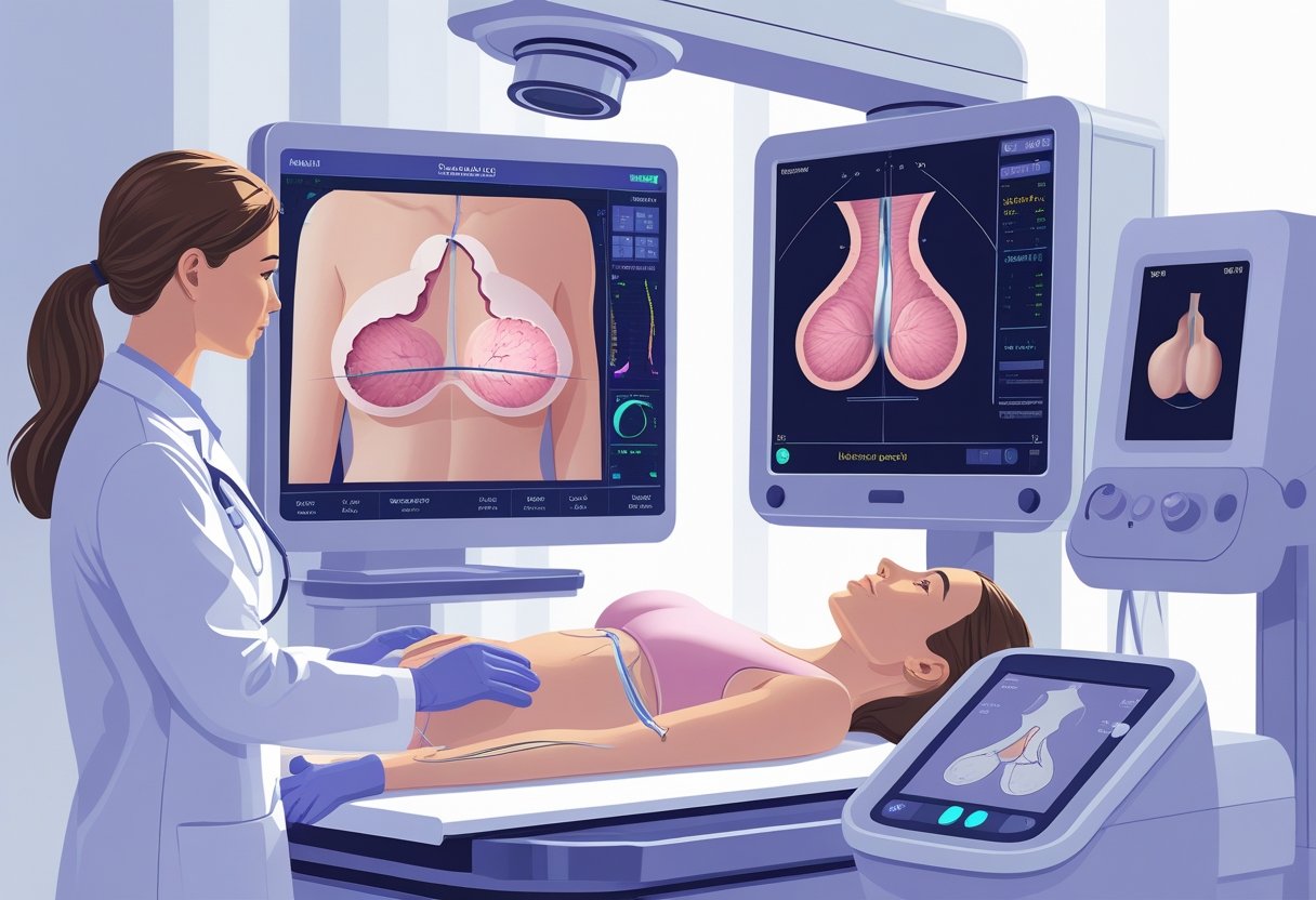 A female patient undergoing breast imaging with advanced medical equipment operated by a healthcare professional in a clinical setting.