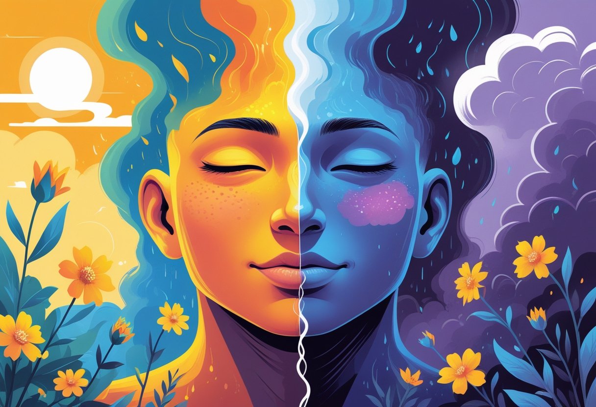 A person shown with one side bright and happy surrounded by sunshine and flowers, and the other side dark and sad with rain clouds and wilting plants, illustrating changing moods.