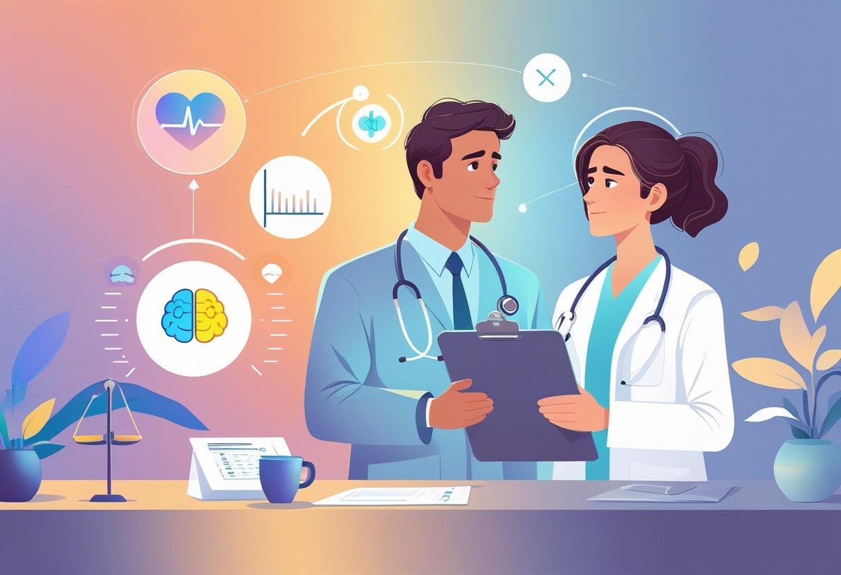 A doctor and patient in a clinical setting discussing mood swings, with symbolic elements like a fluctuating heart rate line and a brain illustration nearby.