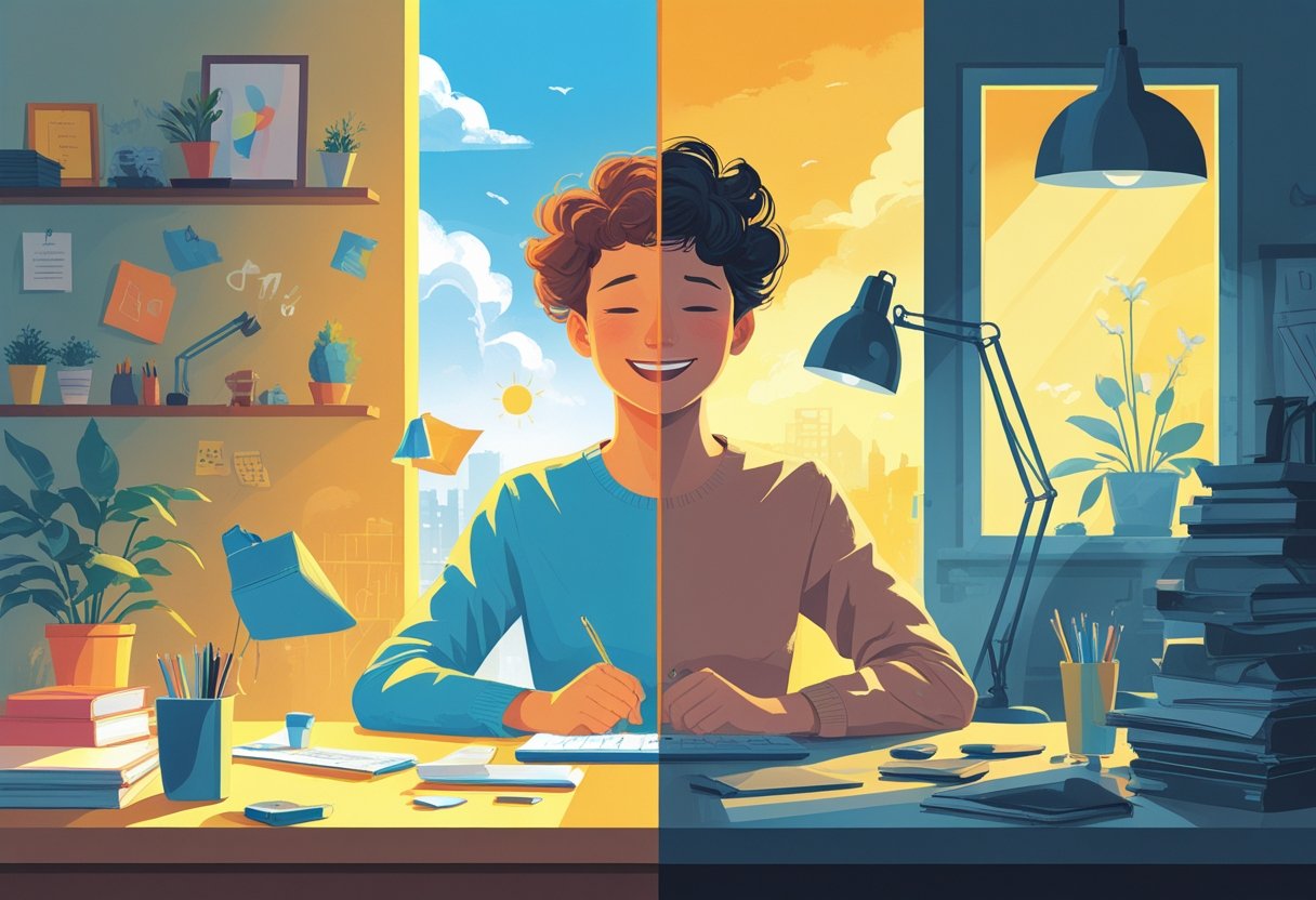 A person shown with one half happy and energetic and the other half sad and withdrawn, illustrating mood swings affecting daily life.
