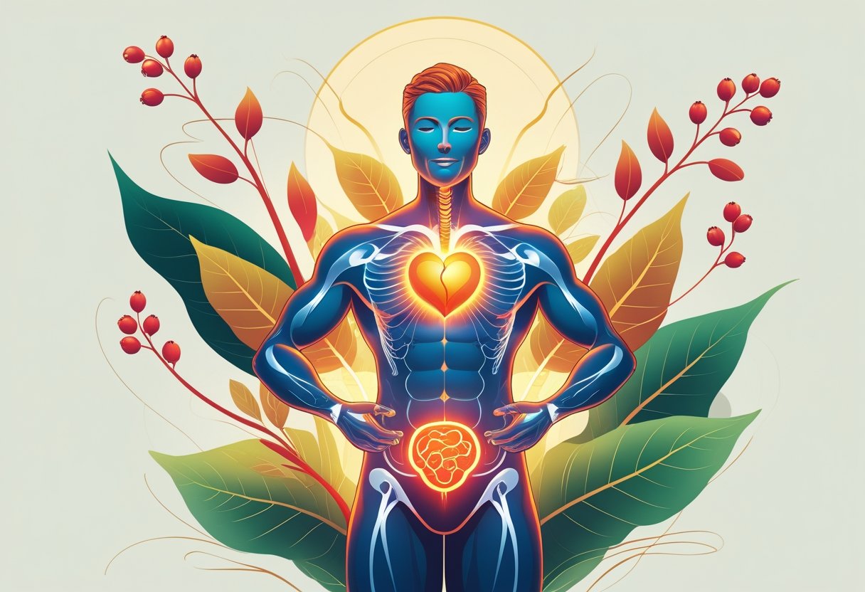 A healthy adult figure surrounded by natural plants and glowing energy lines symbolizing vitality and libido support.