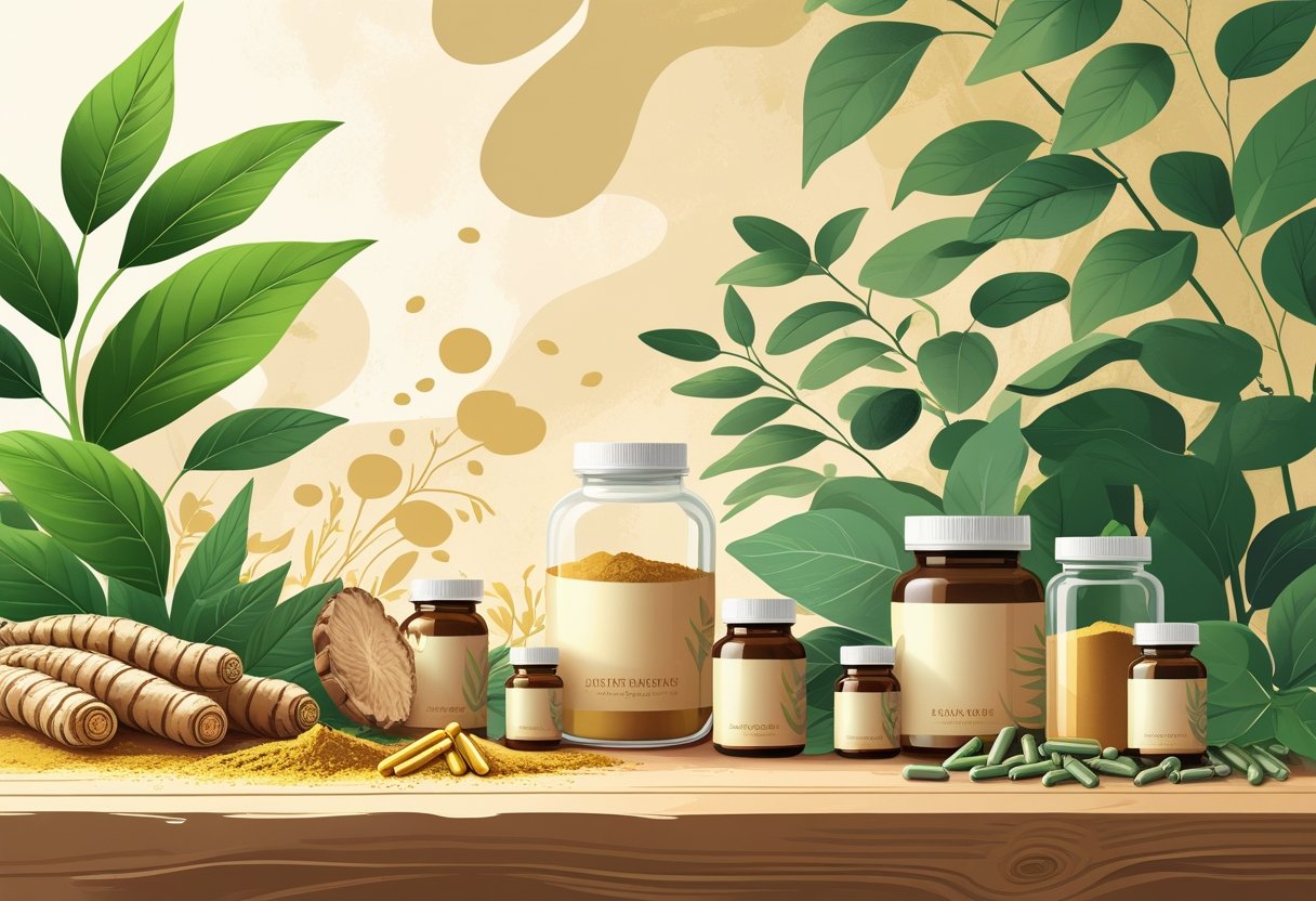An arrangement of herbal plants, roots, and supplement capsules on a wooden surface symbolizing natural libido support.