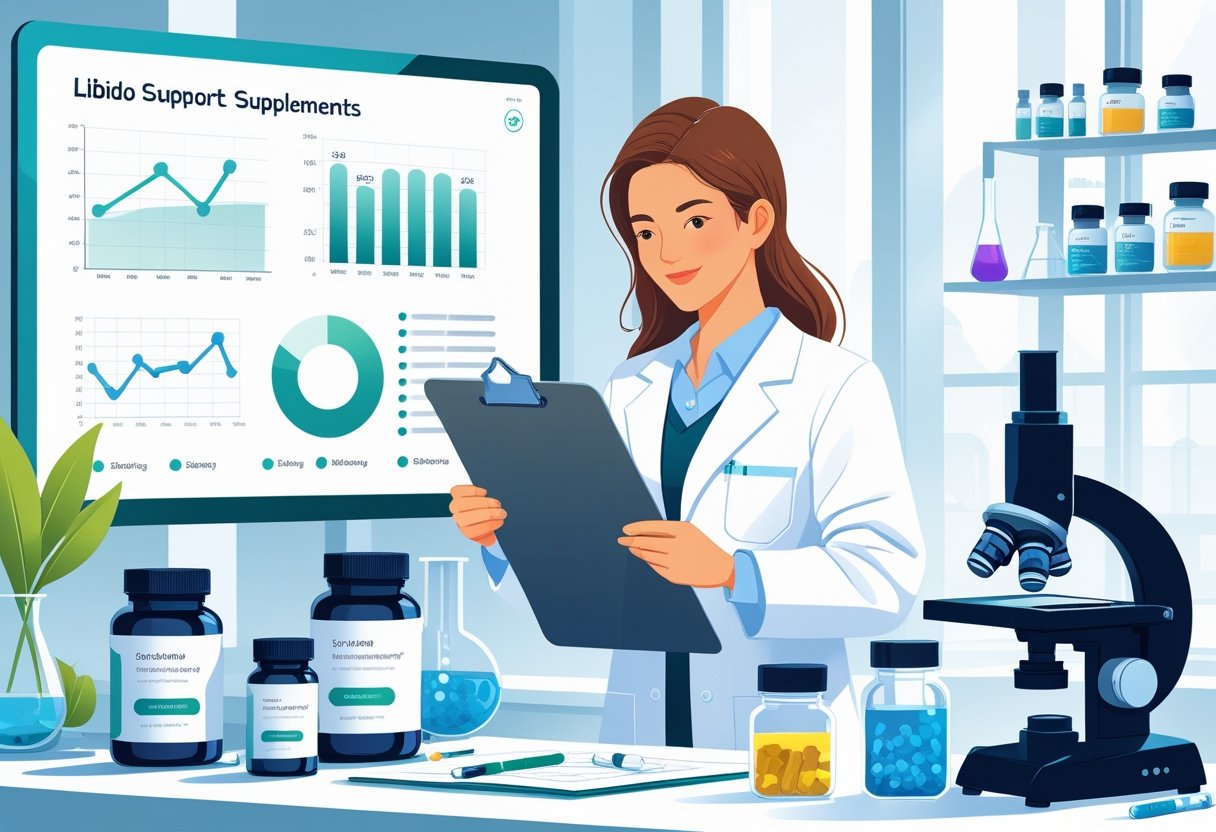 A female scientist in a lab coat reviews charts and data with supplement bottles and lab equipment on a table in a modern laboratory.