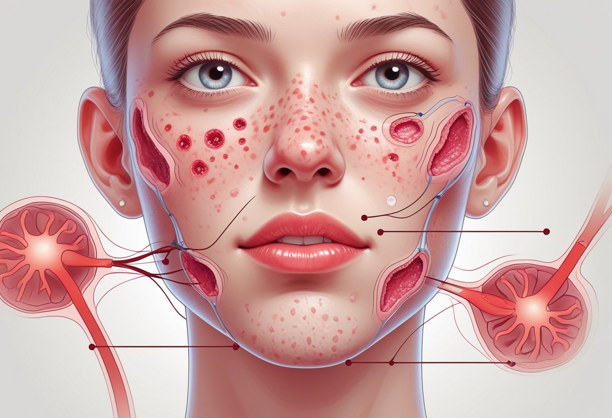 Close-up of a young adult's lower face showing inflamed acne on the chin and jawline with subtle illustrations of hormonal glands in the background.