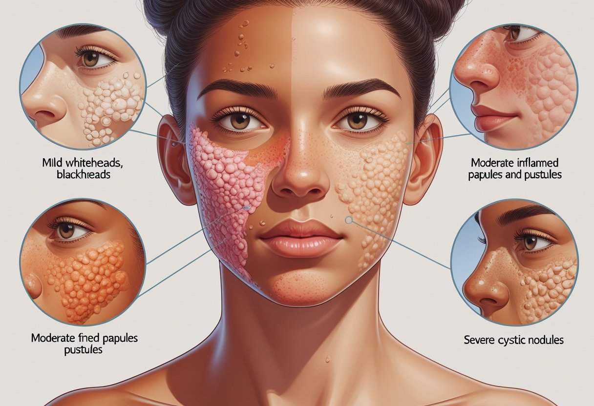 A detailed illustration showing different types and severity of hormonal acne on a human face and upper chest with various skin tones.