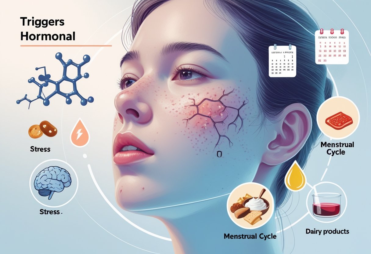 Close-up of a young adult's face showing acne around the jaw and chin, surrounded by icons representing hormones, stress, menstrual cycle, diet, and oily skin.