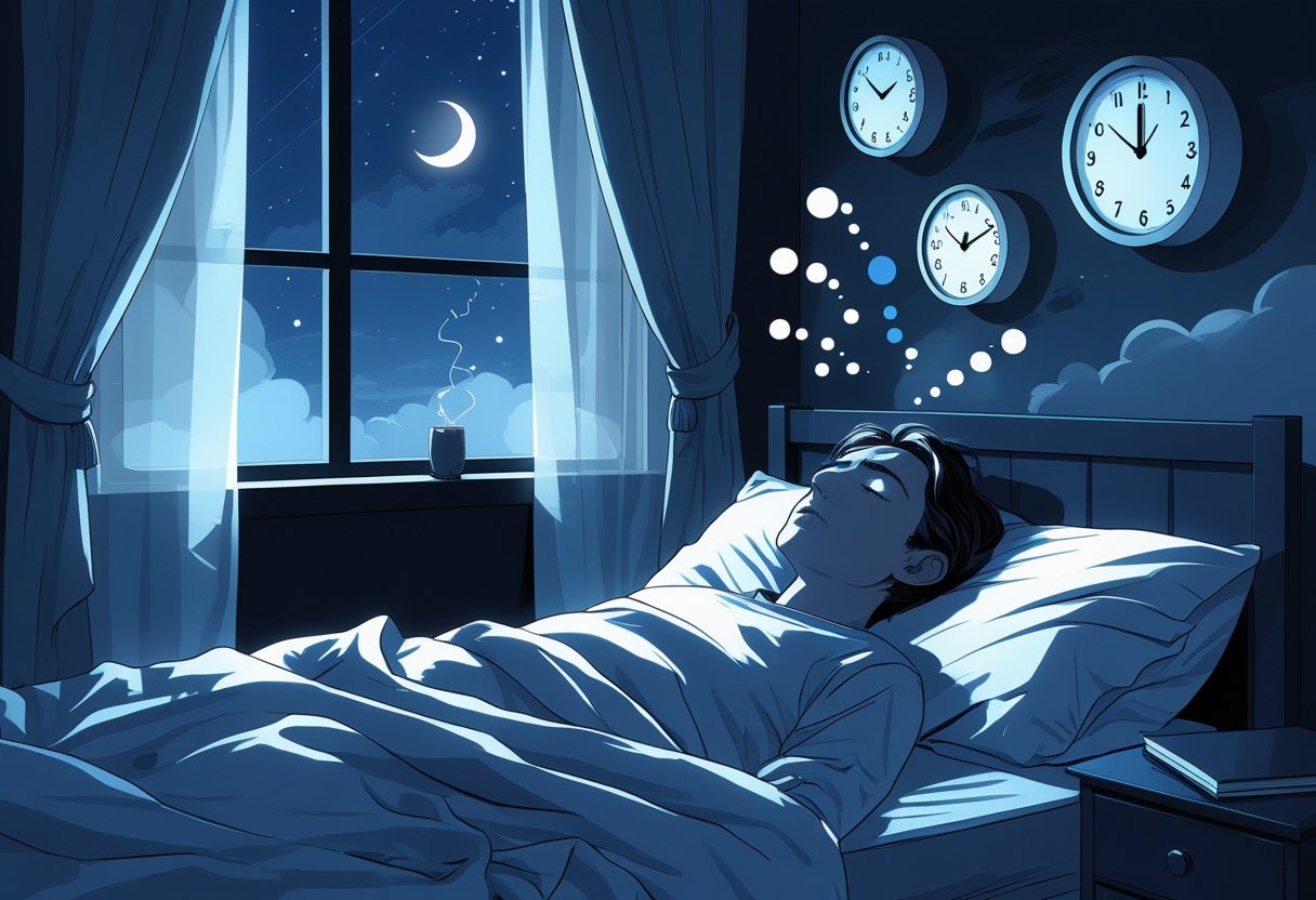A person lying awake in bed at night with restless eyes, surrounded by floating clocks and chaotic shapes symbolizing disturbed sleep.