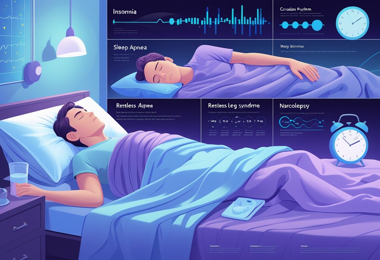 Illustration showing different types of sleep disorders with people experiencing insomnia, sleep apnea, restless legs, sudden sleep attacks, and disrupted sleep cycles.