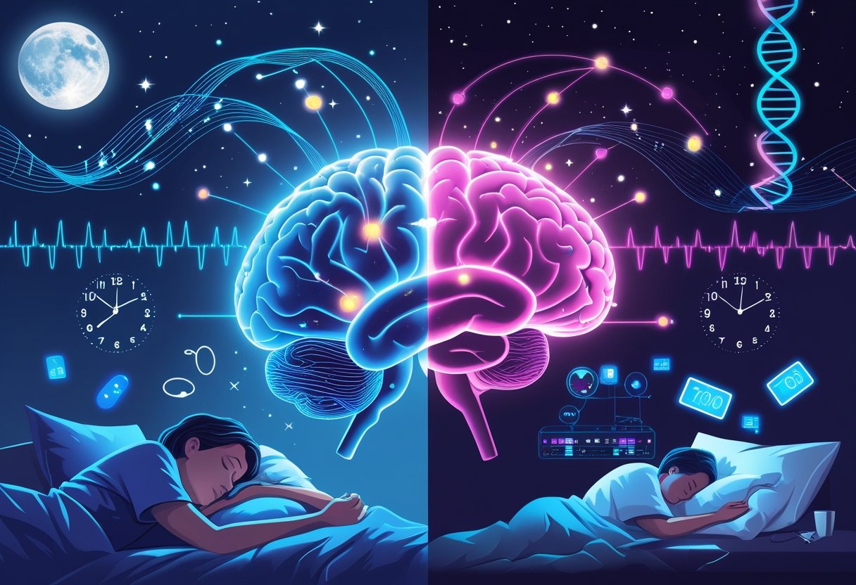 An illustration showing a human brain with highlighted sleep areas, a calm sleeping person on one side, and a restless person with clocks and electronic devices on the other, representing sleep regulation and disruption.