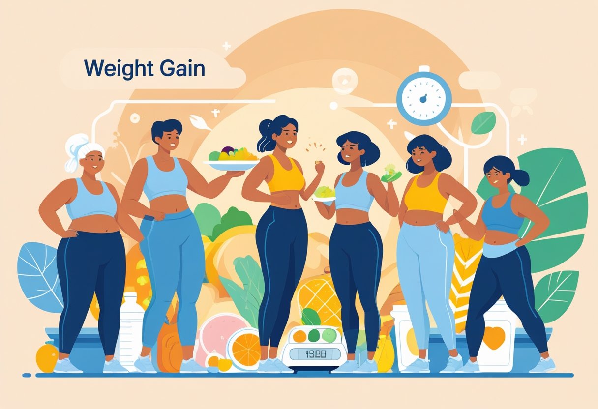 A group of people of various ages and body types engaging in activities related to weight gain, such as eating healthy food, exercising, and monitoring their health.