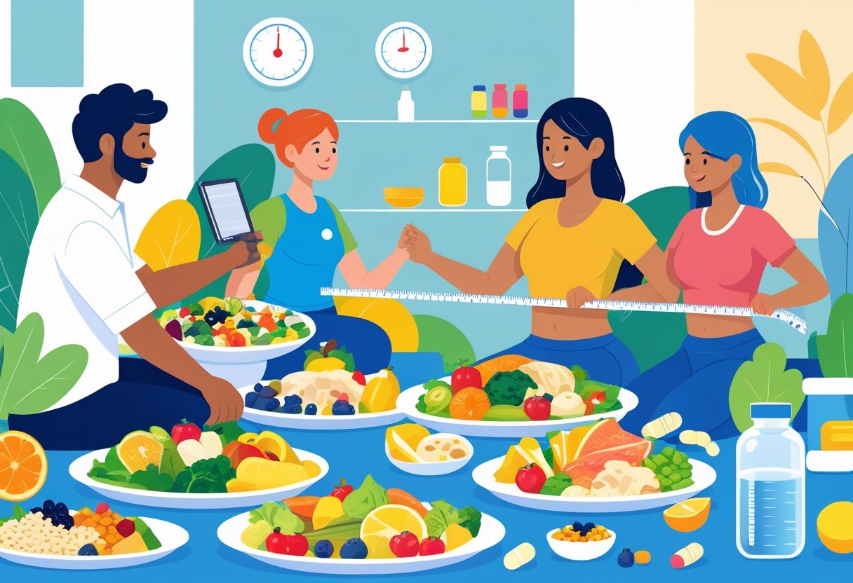 A group of people engaging in healthy eating and weight management activities with nutritious foods and health-related items around them.