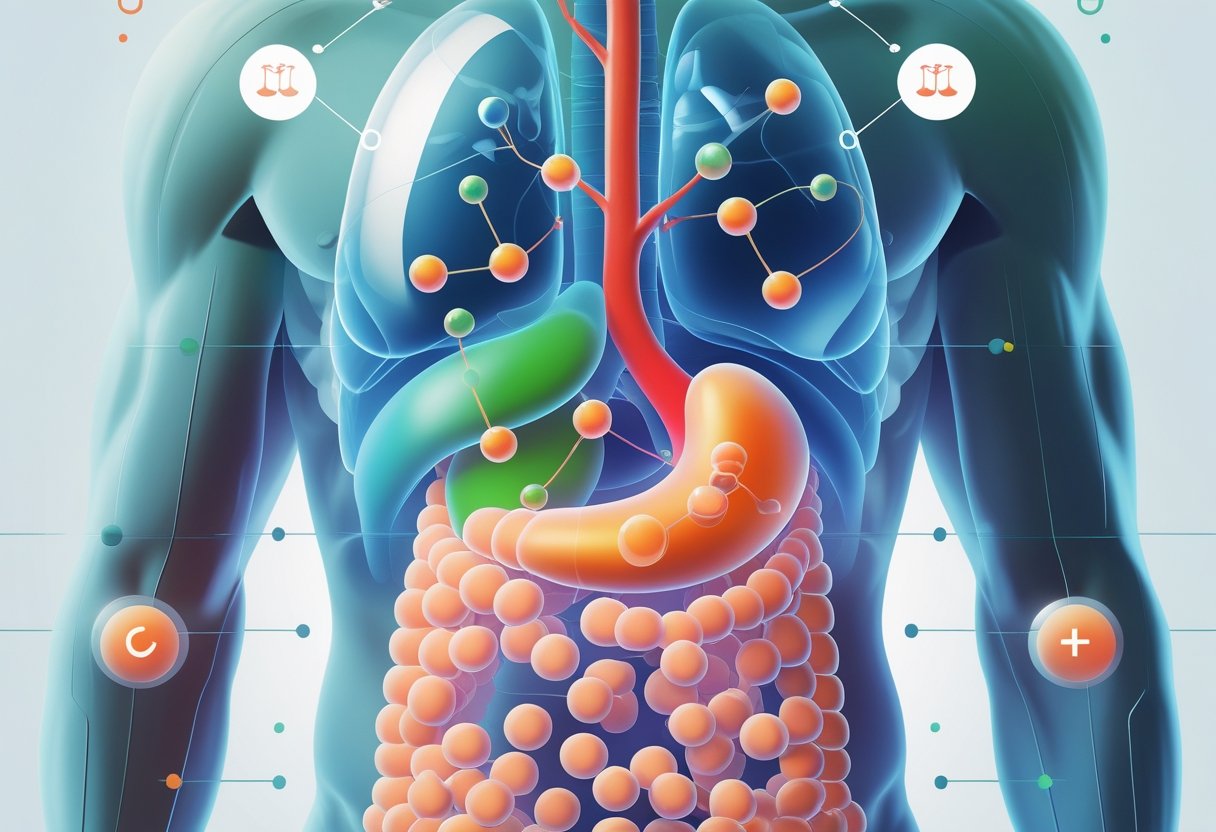 Illustration of a human torso showing glucose molecules and insulin interacting in the bloodstream to represent balanced blood sugar levels.