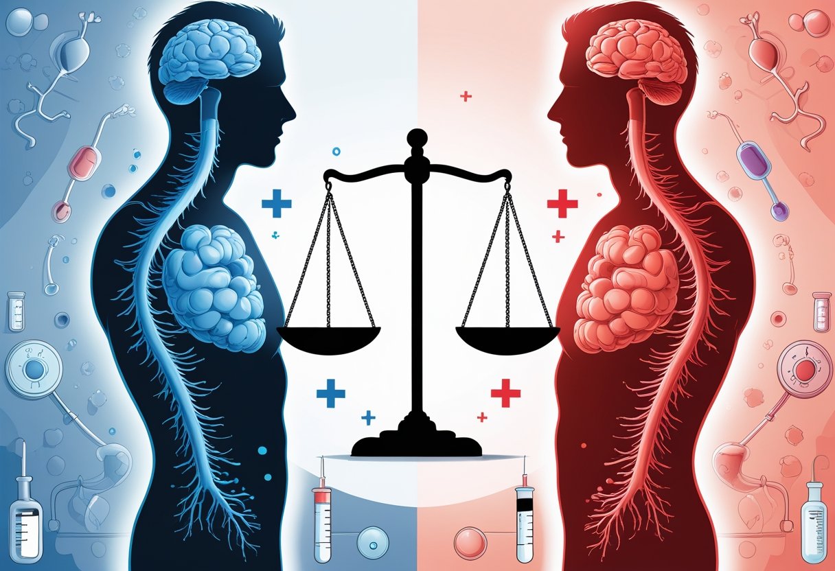 A split illustration showing a human figure with low blood sugar on one side and high blood sugar on the other, with a balanced scale in the center representing blood sugar balance.