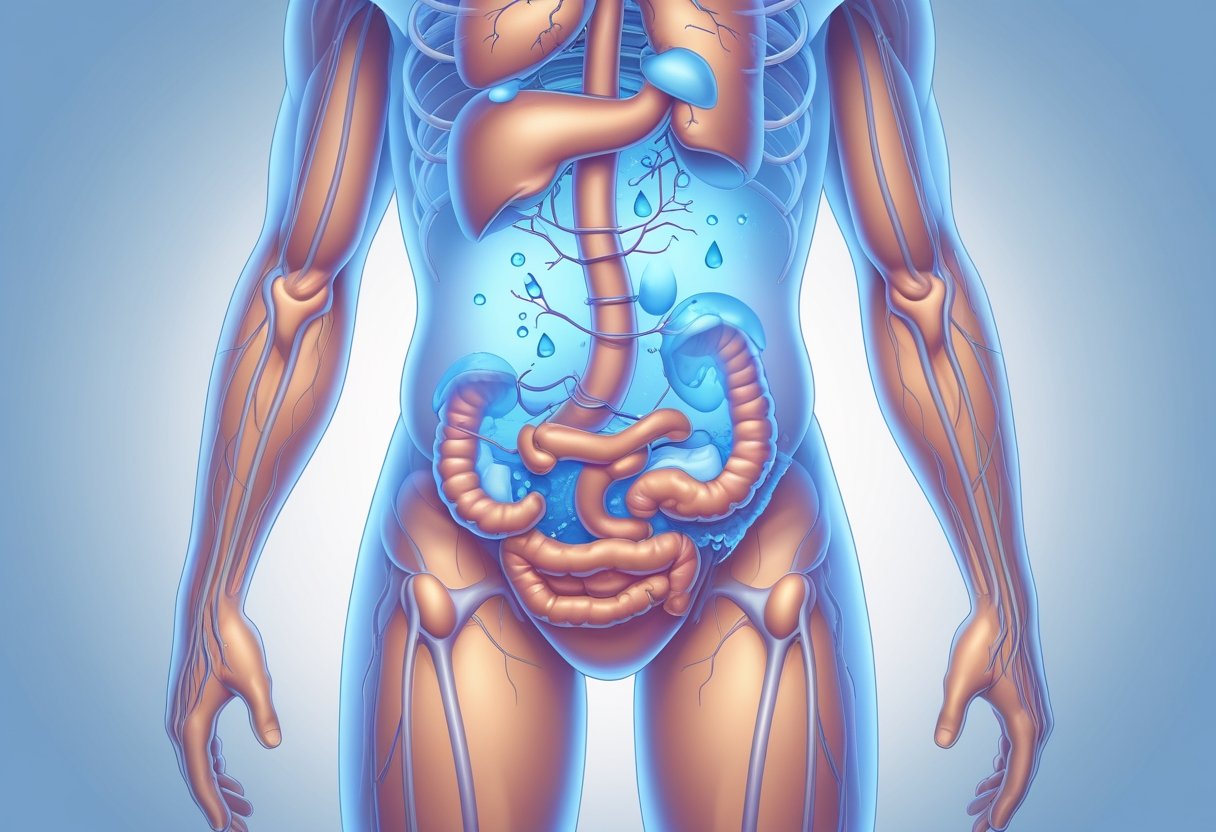 A human torso showing abdominal swelling and puffiness in the legs to represent bloating and water retention.