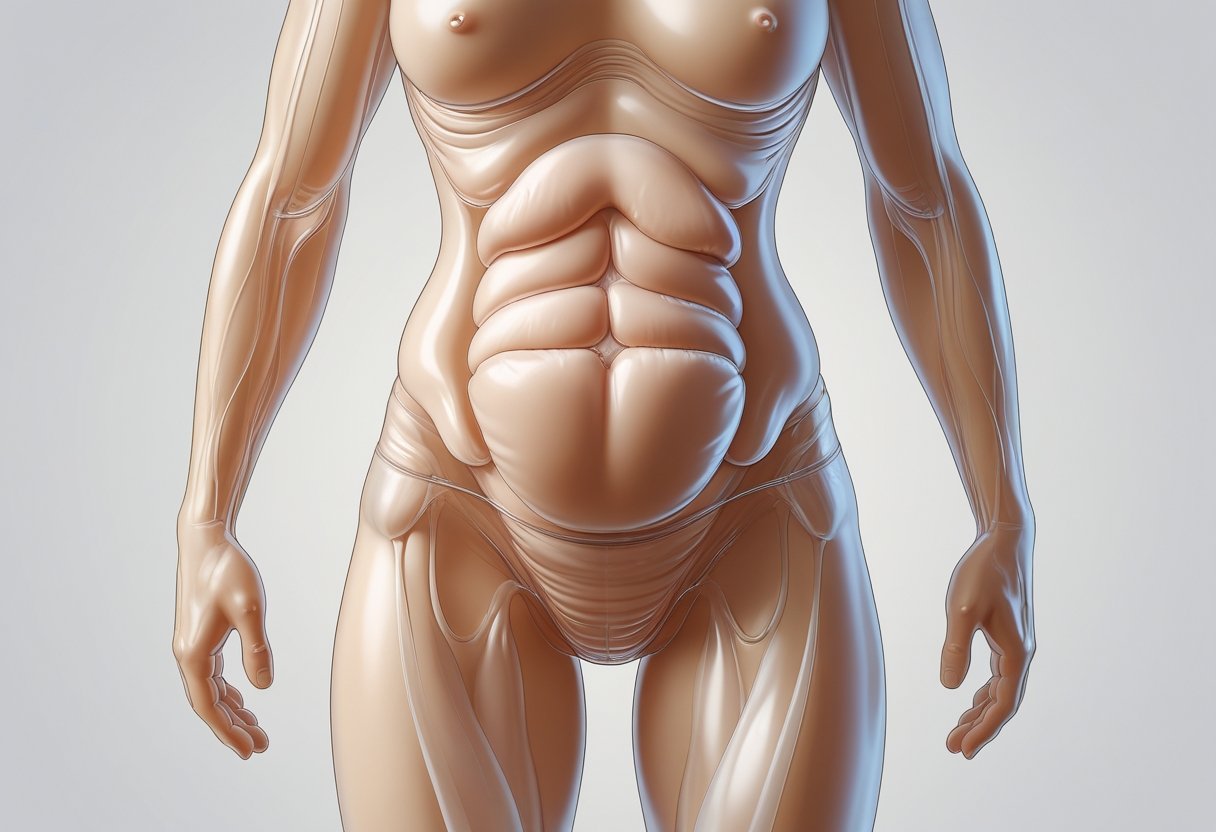 A human torso showing swelling in the abdomen and fluid buildup around the ankles and hands.