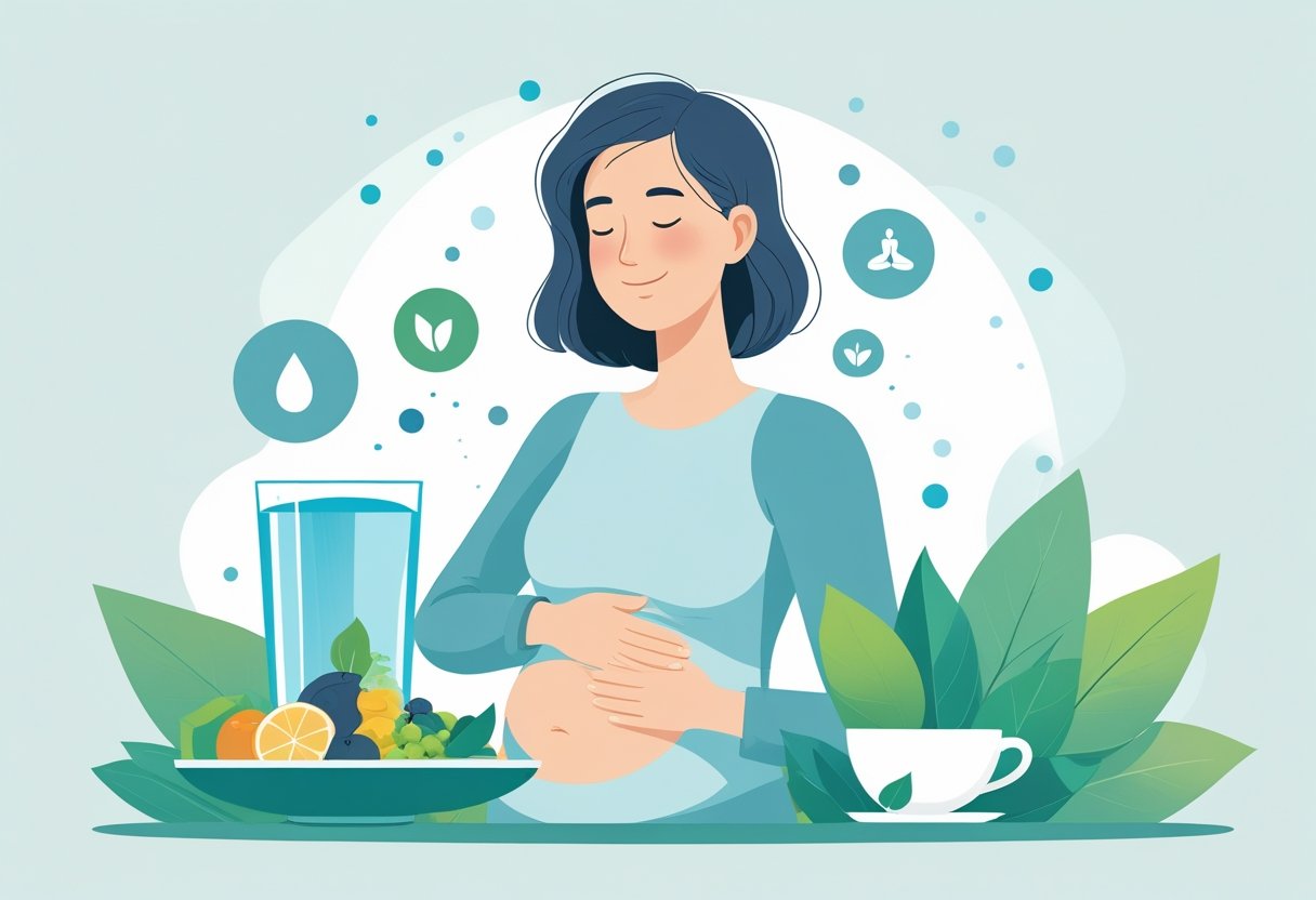 A person gently touching their abdomen surrounded by symbols of healthy eating, hydration, herbal tea, and exercise.