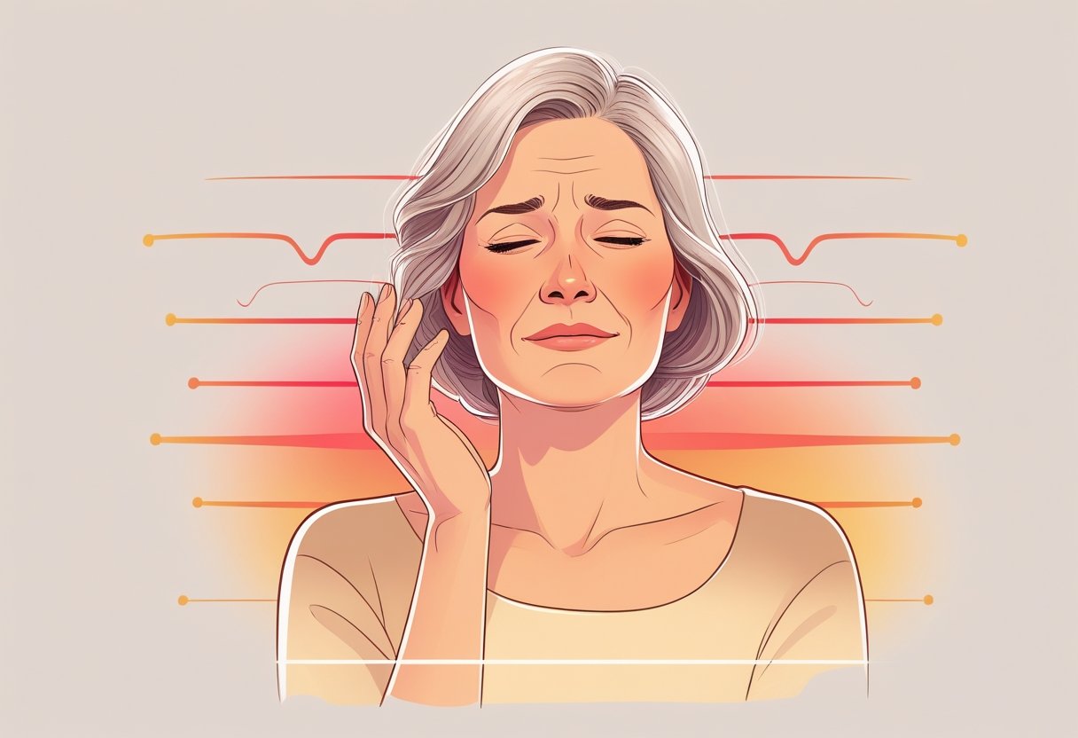 A middle-aged woman gently fanning herself with a flushed face, surrounded by warm-colored waves representing heat.