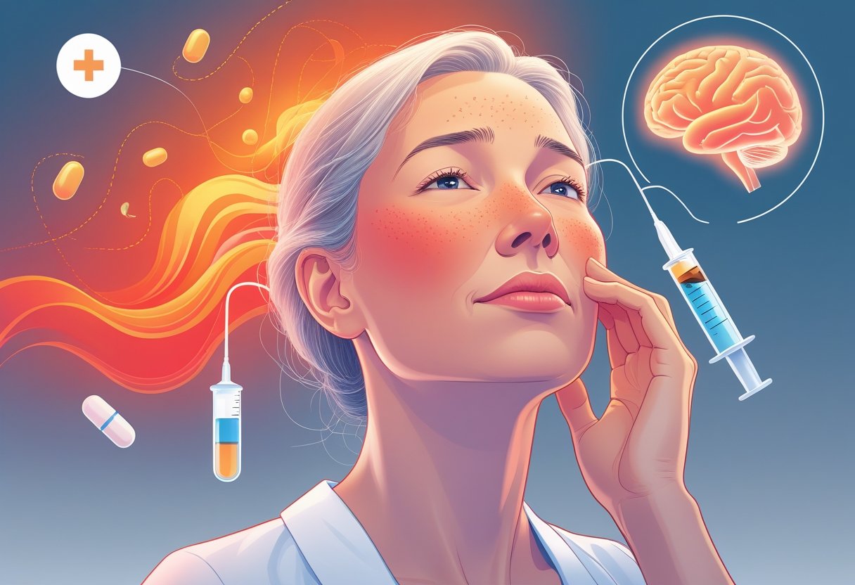 A woman showing signs of a hot flash with a flushed face and sweat, surrounded by abstract medical symbols representing hormonal imbalance and treatments.