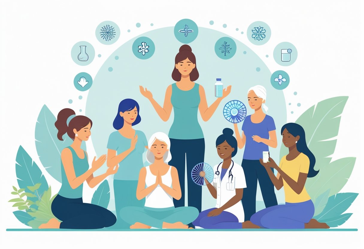 A group of diverse women engaging in different activities representing treatment options for hot flashes, including yoga, herbal supplements, using a fan, and consulting a healthcare professional.