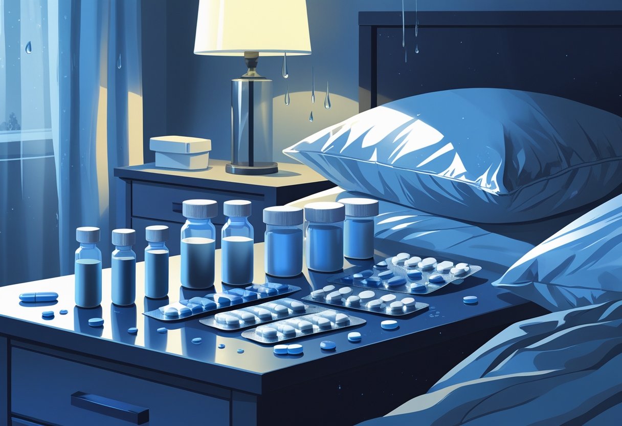A bedside table with various medications next to a bed showing damp sheets and a pillow, indicating night sweating.