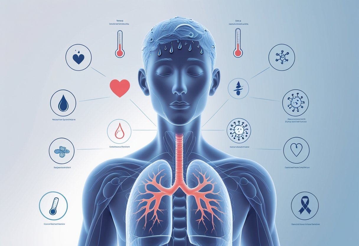 A human figure showing sweat droplets on the forehead and neck, surrounded by icons representing medical conditions related to night sweats.
