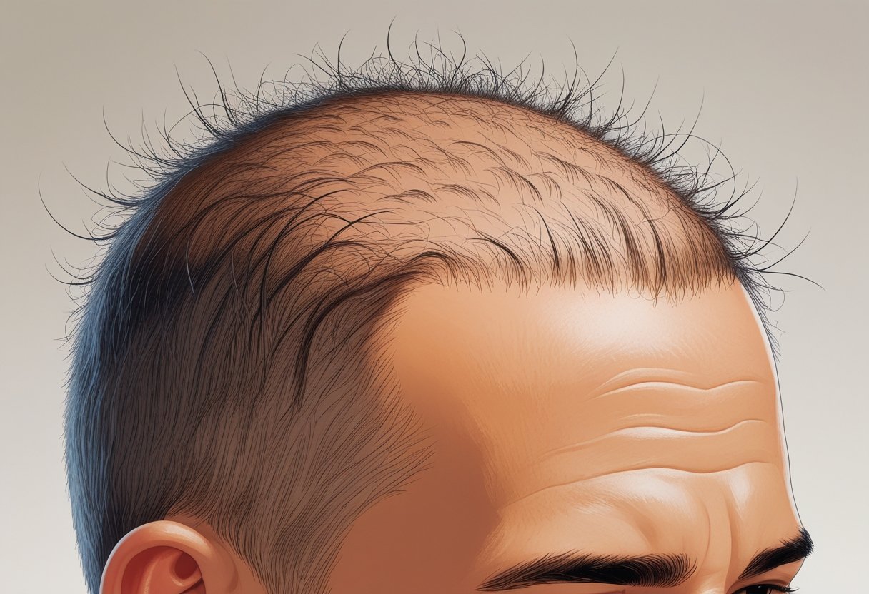 Close-up of a person's scalp showing thinning hair and areas of hair loss.