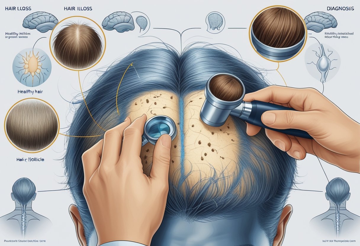 Close-up of a human scalp showing thinning hair and hair follicles with a medical professional examining it using a dermatoscope.
