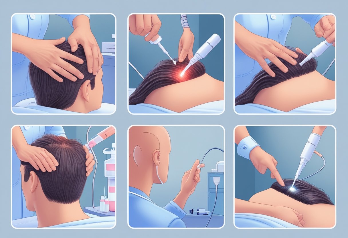 Illustration showing different hair loss treatments including scalp massage, topical serum application, laser therapy, medical consultation, and hair transplant procedure.