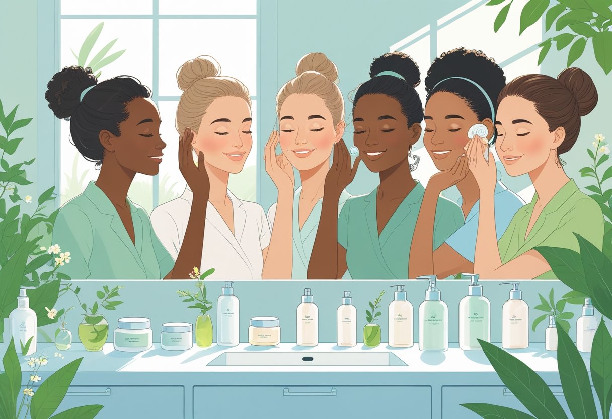 A diverse group of women applying skincare products in a bright room with plants and natural light, surrounded by elegant bottles on a countertop.