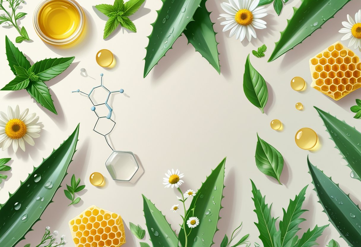 An arrangement of natural skincare ingredients like aloe vera, chamomile, green tea leaves, and honeycomb with translucent molecular shapes around them on a soft background.