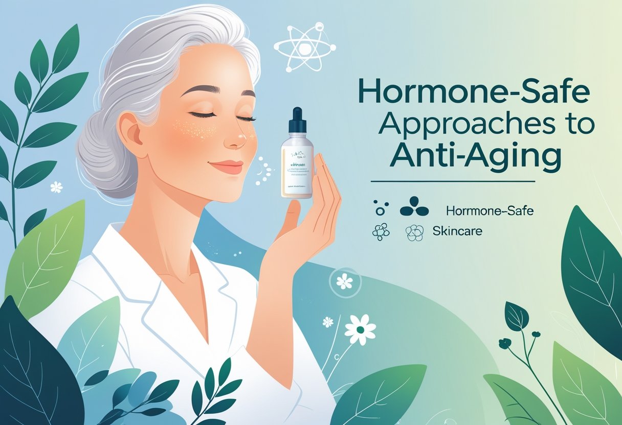 A middle-aged woman with healthy skin applying skincare serum, surrounded by natural botanical elements and subtle scientific symbols.