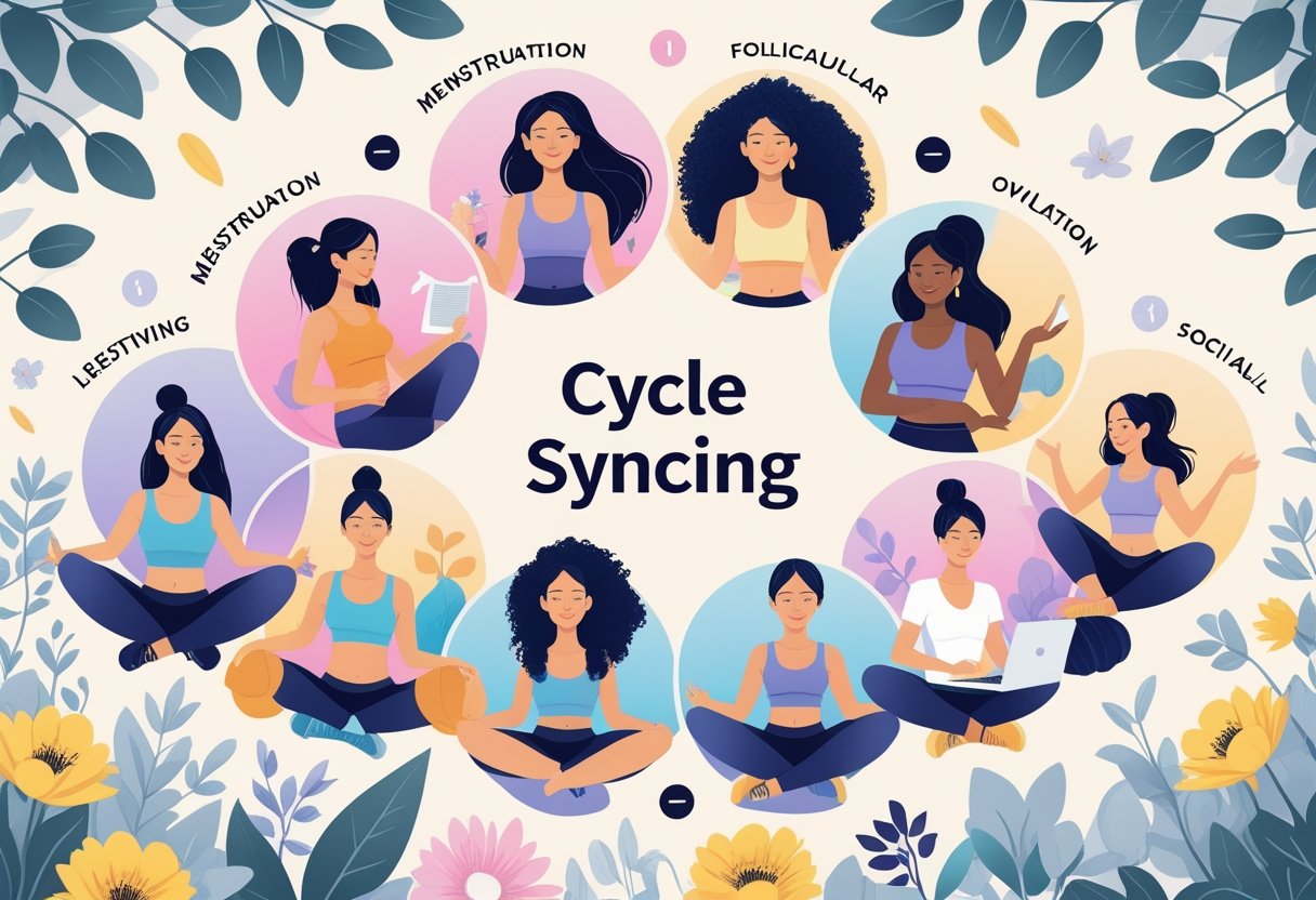 A group of women in different menstrual cycle phases shown with color-coded circles, engaging in activities like resting, exercising, and socializing surrounded by natural elements.
