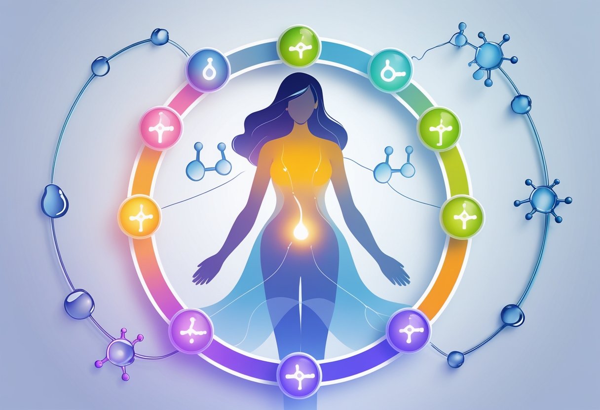 A female figure surrounded by a circular flow with glowing hormone symbols representing different phases of the menstrual cycle.