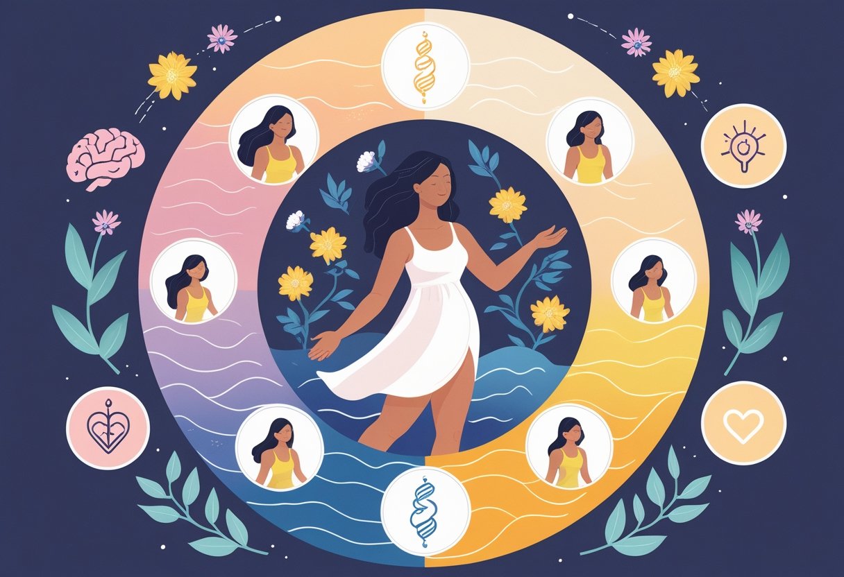 A woman shown in four connected panels representing different phases of her menstrual cycle, each panel showing changes in her mood, energy, and activities to illustrate the impact on physical and mental health.