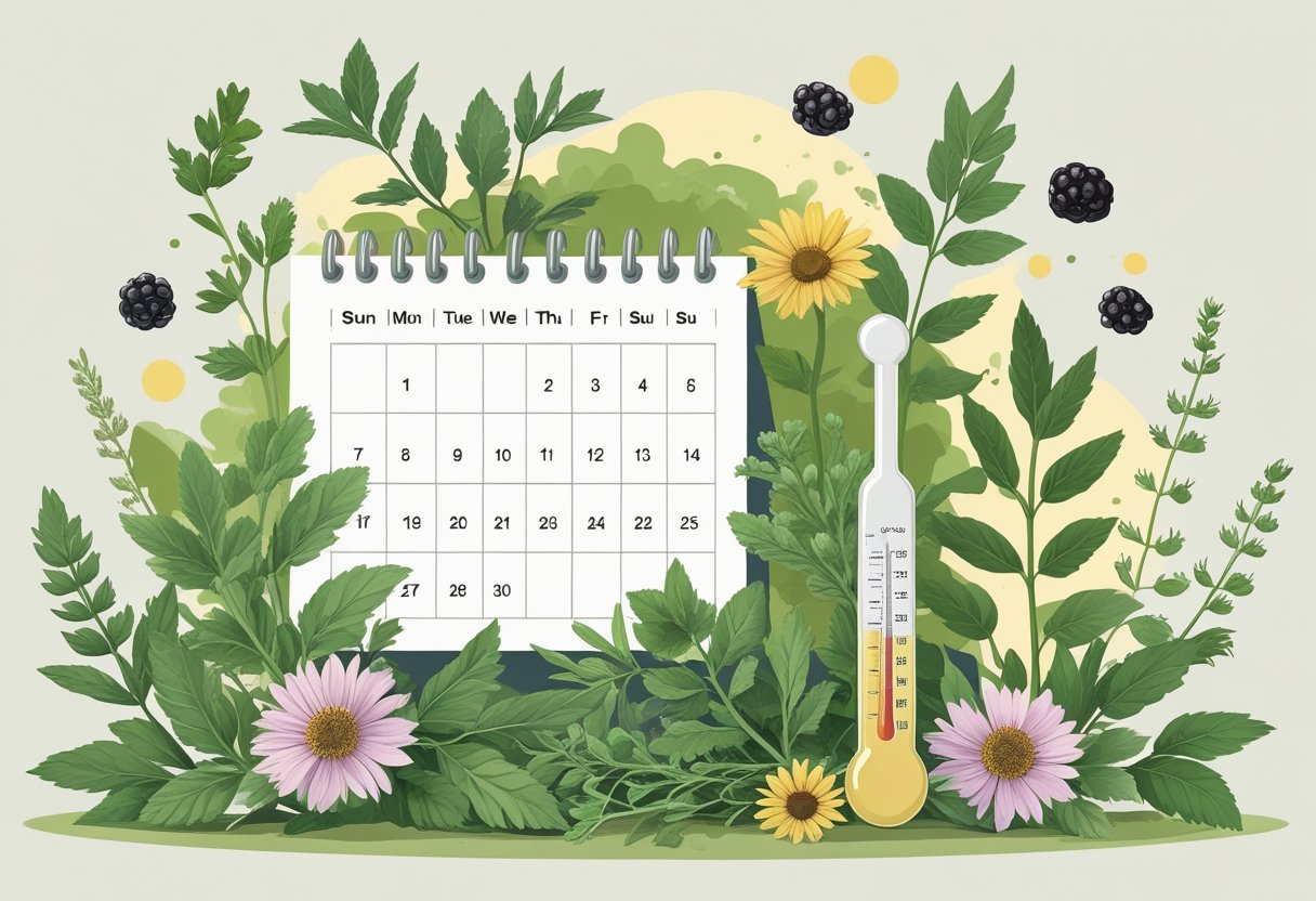 Illustration showing natural birth control methods with a calendar, herbs, a thermometer, and a saliva drop arranged on a light background.