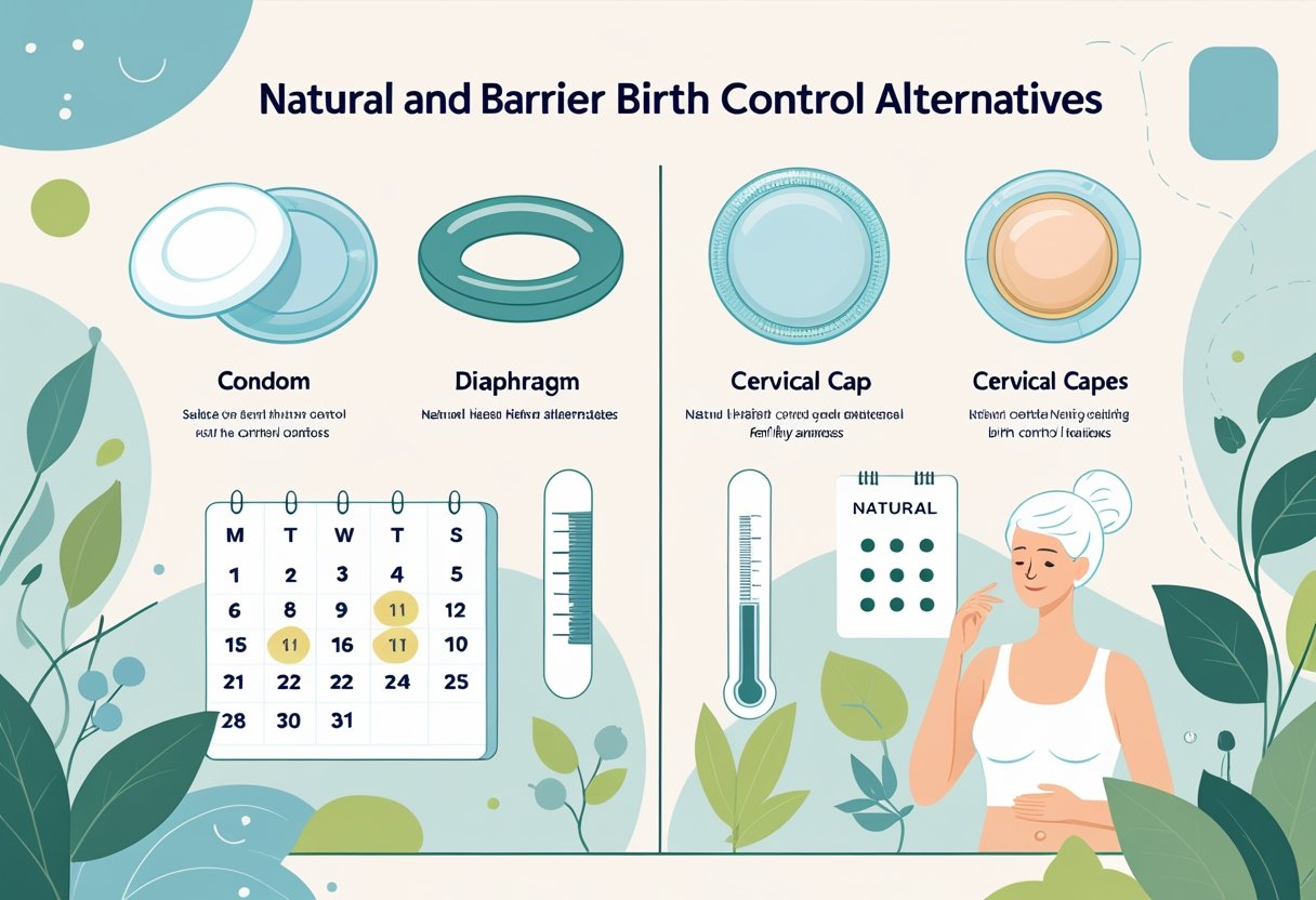An illustration showing different birth control methods with barrier methods like condoms and diaphragms on one side, and natural methods like a calendar, thermometer, herbal plants, and a woman touching her abdomen on the other.