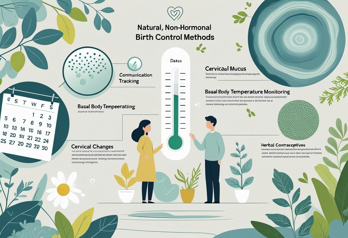 Illustration showing natural birth control methods including a calendar, thermometer, cervical mucus patterns, a couple communicating, and herbs.