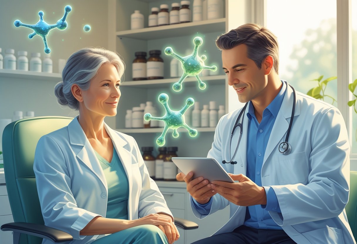 A middle-aged woman and a doctor in a clinic discussing hormone therapy with molecular hormone illustrations in the background.